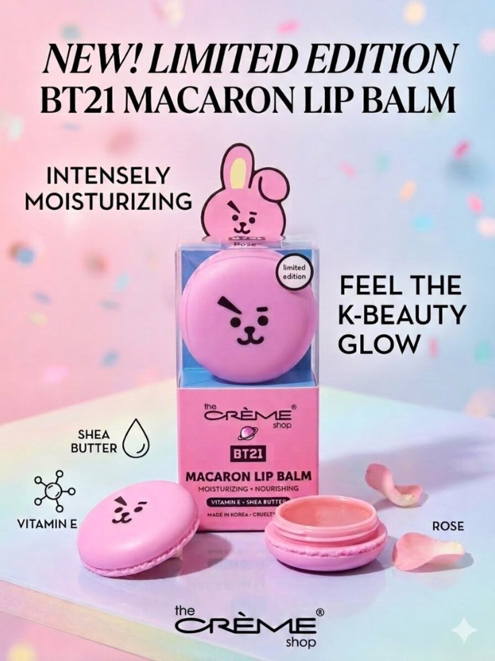 The Crème Shop x BT21 Cooky Macaron Lip Balm in the Rose flavor